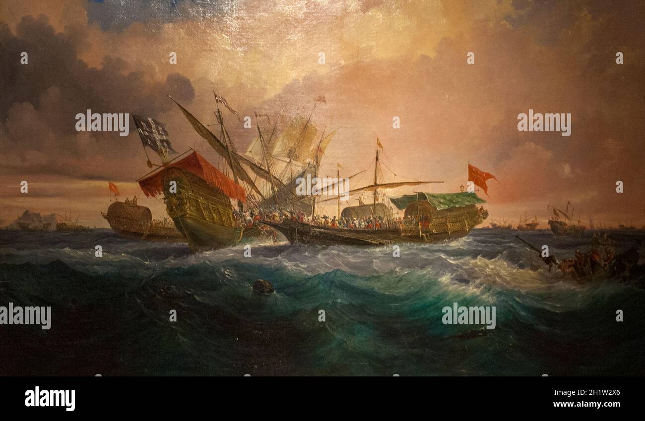 Seeschlacht von Gibraltar, April 1340. Gemalt von Antonio Brugada im Jahre 1852. Marinemuseum von Madrid, Spanien Stockfoto