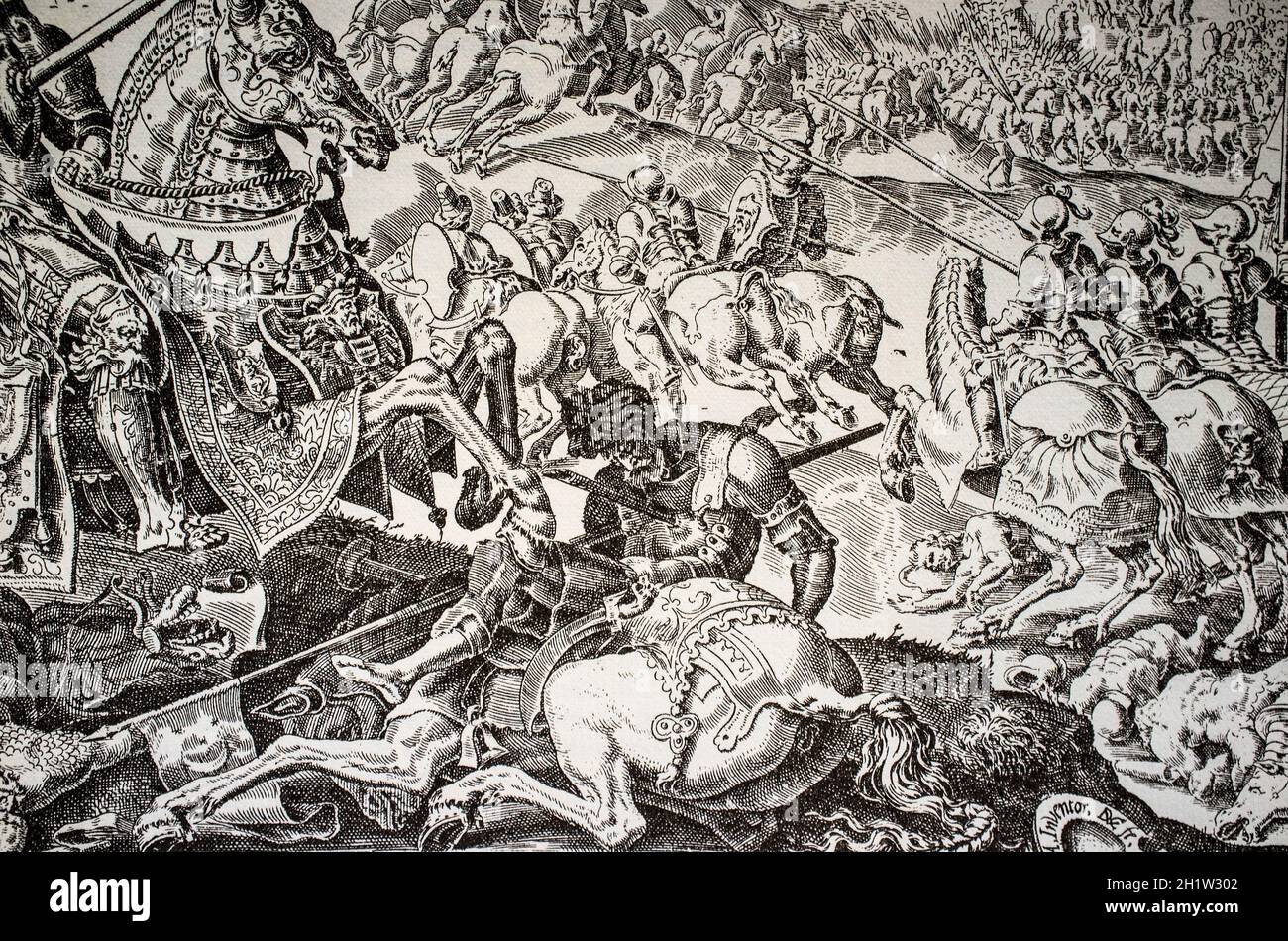 Suleiman der Magnificent zur Erhöhung der Seige von Wien gezwungen, Tafel 5 aus den Siegen von Kaiser Karl V., 1555-1556. Gestochen von Dirck Volkertz C Stockfoto