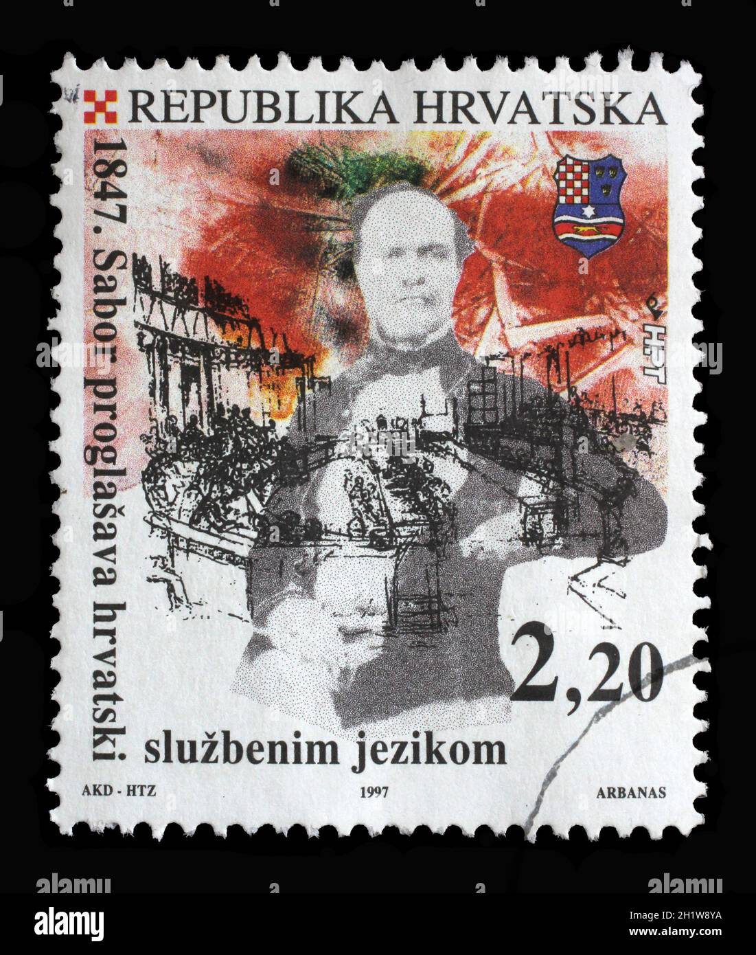 Eine in Kroatien gedruckte Briefmarke zeigt Ivan Kukuljevic Sakcinski, Jahrestage kroatischer Sprache, um 1997 Stockfoto