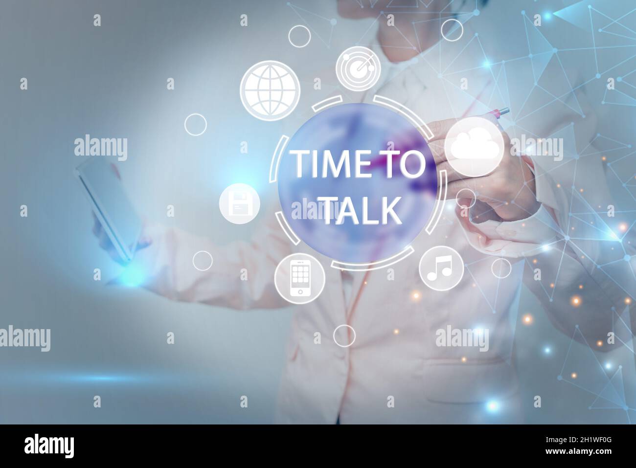 Schild mit Gesprächszeit, Geschäftskonzept, um mit dem Einzelnen gründlich zu diskutieren oder Informationen zu vermitteln Inspirational Business-Technologie Stockfoto
