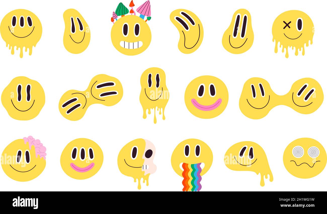 Trendige, psychedelisch verzerrte Smiley-Gesichter mit Regenbogen. Verrückte lächelnde groovige Emoji. Trippy Säure schmelzende Graffiti Lächeln Aufkleber Vektor-Set Stock Vektor