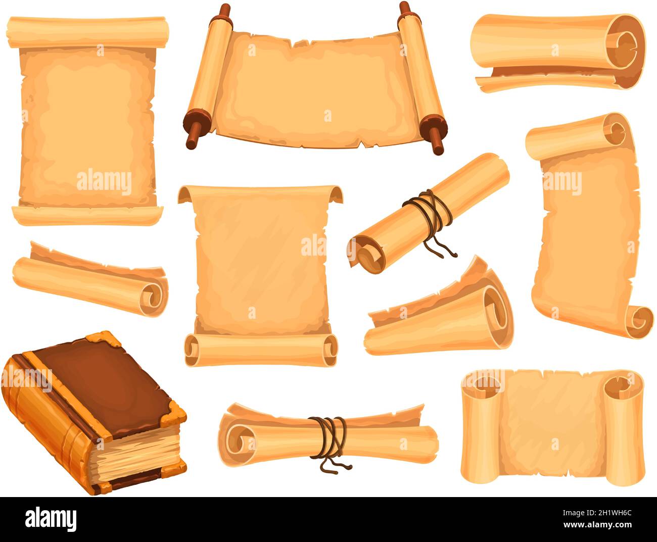 Cartoon Pergamentpapier und Zauberbuch für Fantasy-Spiel. Uralter Zauberer scrollt. Alte Papyrus, mittelalterliche Schatzkarten und Briefe Vektor-Set Stock Vektor