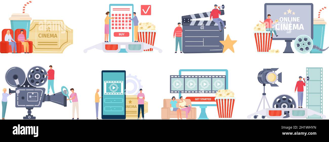 Filmindustrie, Kino oder Online-Kino-Konzepte. Zeichentrickfilme, die am Telefon oder im fernsehen Filme anschauen und Karten kaufen, Vektorset Stock Vektor