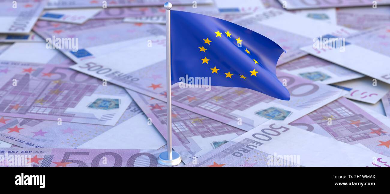 EU-Wirtschaft. Flagge der Europäischen Union auf fünfhundert Euro-Banknoten im Hintergrund. Bank- und Finanzwesen in Europa. 3d-Illustration Stockfoto