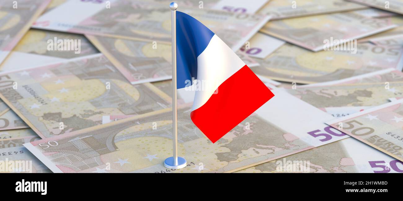 Französische Wirtschaft. Französische Flagge auf fünfzig Euro-Banknoten Hintergrund. Bank- und Finanzwesen in Frankreich Konzept. 3d-Illustration Stockfoto