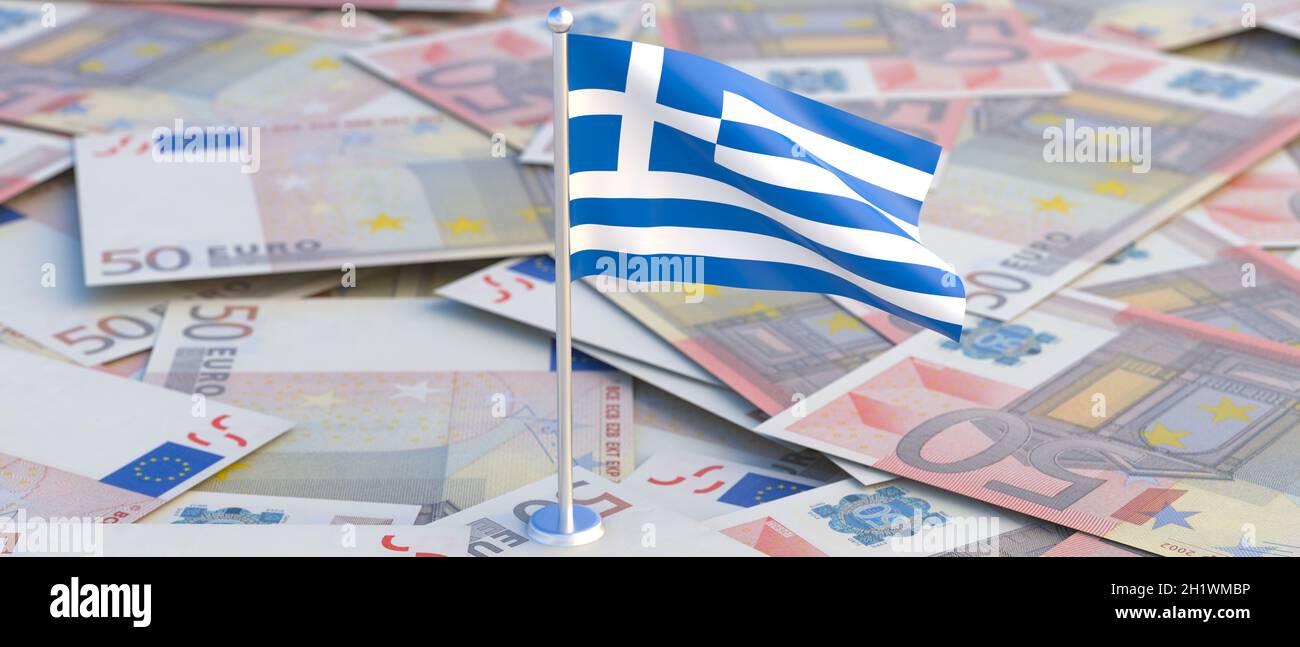 Griechische Wirtschaft. Griechische Flagge auf fünfzig Euro-Banknoten Hintergrund. Bank- und Finanzwesen in Frankreich Konzept. 3d-Illustration Stockfoto