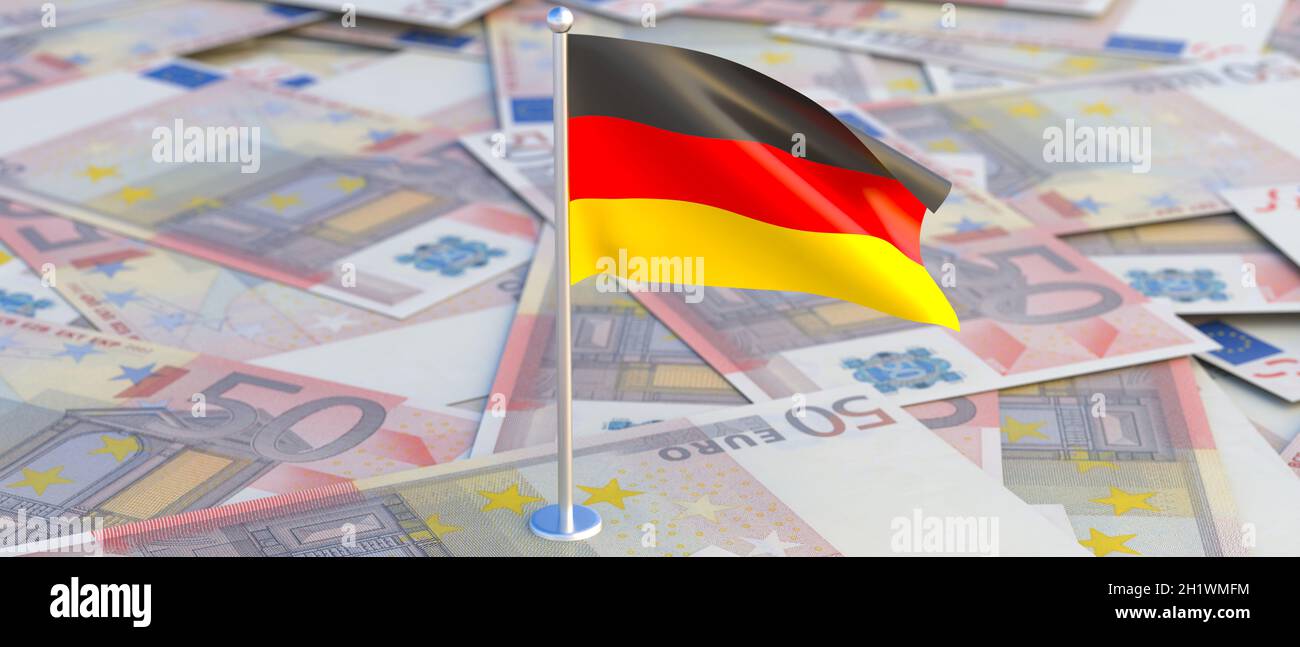 Deutschland Wirtschaft. Deutsche Flagge auf fünfzig Euro-Banknoten Hintergrund. Bank- und Finanzwesen in Frankreich Konzept. 3d-Illustration Stockfoto