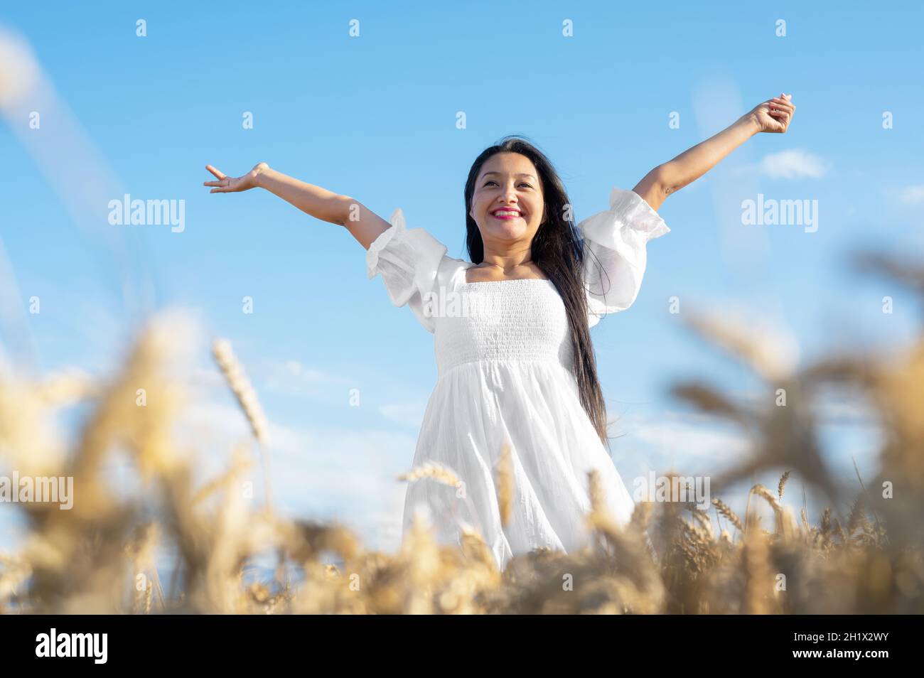 Porträt einer glücklichen jungen Frau in einem weißen Kleid, auf einem Weizenfeld. Lifestyle- und Glückskonzept. Frau mit offenen Armen . Hochwertige Fotos Stockfoto