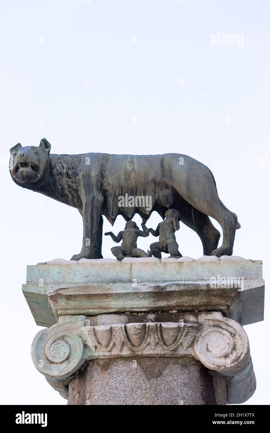 Kapitoliner Wolf (Lupa Capitolina), Bronzestatue der Wölfin, die die mythischen Zwillingsgründer von Rom, Romulus und Remus, auf dem Kapitolinischen Hügel, Ro, suckt Stockfoto