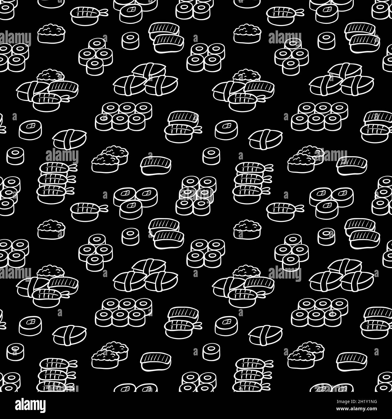 Nahtloser schwarz-weißer Hintergrund mit verschiedenen Sushi, Vektor-Illustration Stock Vektor