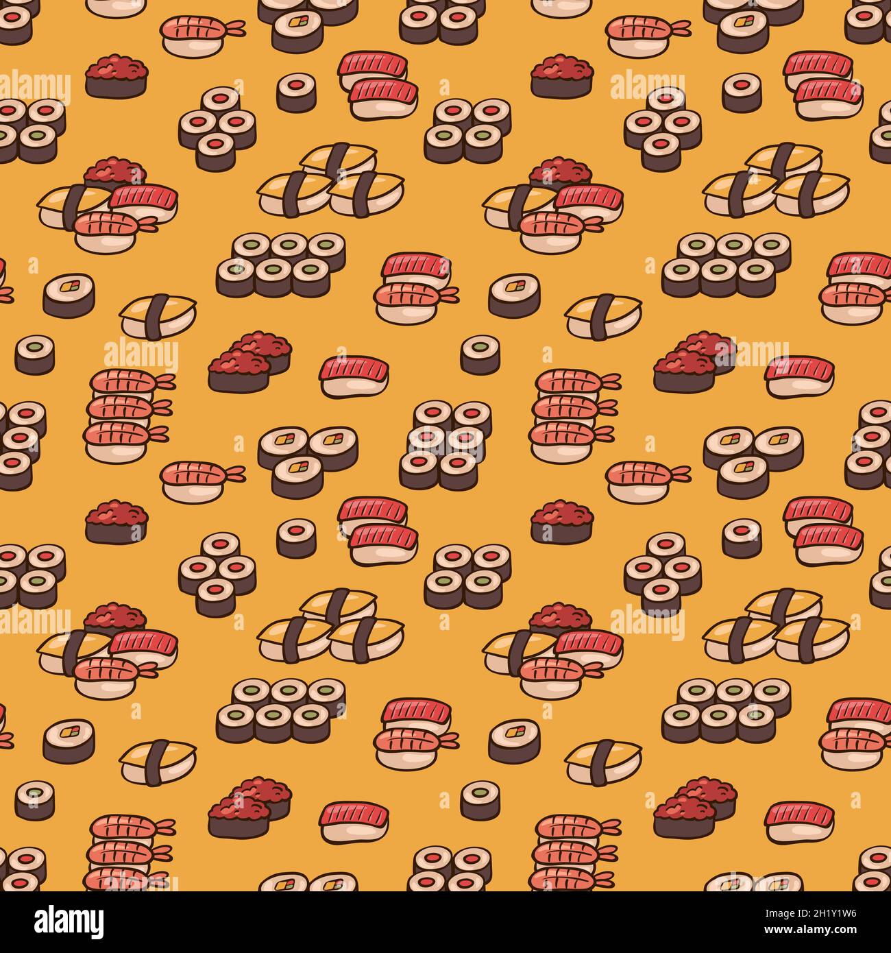 Nahtloser Hintergrund mit verschiedenen Sushi, Vektor-Illustration. Stock Vektor