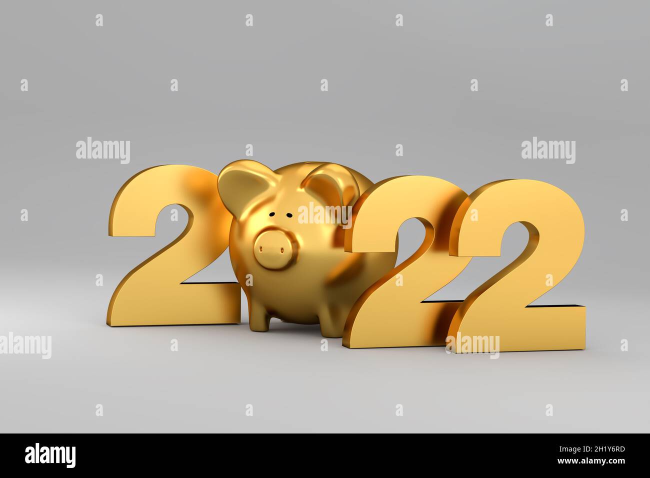 Happy New Year 2022 Konzept Goldene Buchstaben 2 22 Und Ein Sparschwein Dazwischen Nahtloser Grauer Hintergrund Stockfotografie Alamy