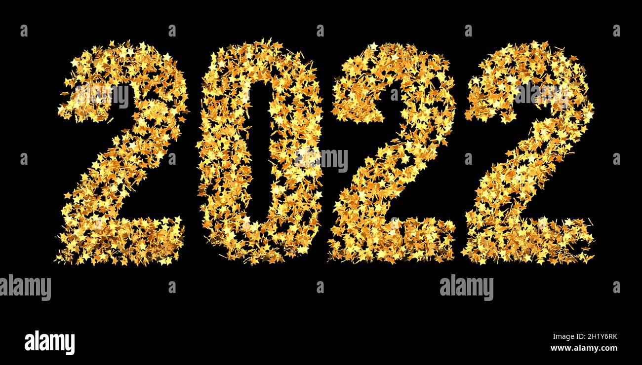 Glitzernde goldene Sterne, die die Zahl 2022 auf reinem schwarzen Hintergrund für eine gute Blend-IF-Handhabung mit Photoshop erstellen. Frohes neues Jahr 2022 Konzept. Stockfoto