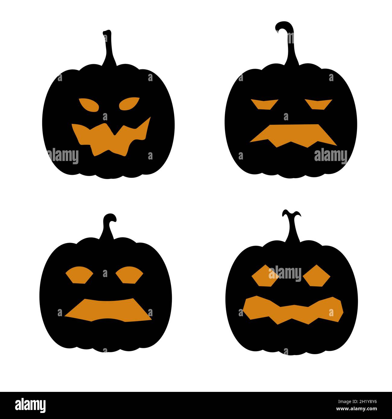 Set aus schwarzen Kürbissen mit gruselig glühenden Glasuren. Halloween-Urlaub. Für die Gestaltung von Karten, Bannern oder Flyern. Flache Abbildung. Stock Vektor