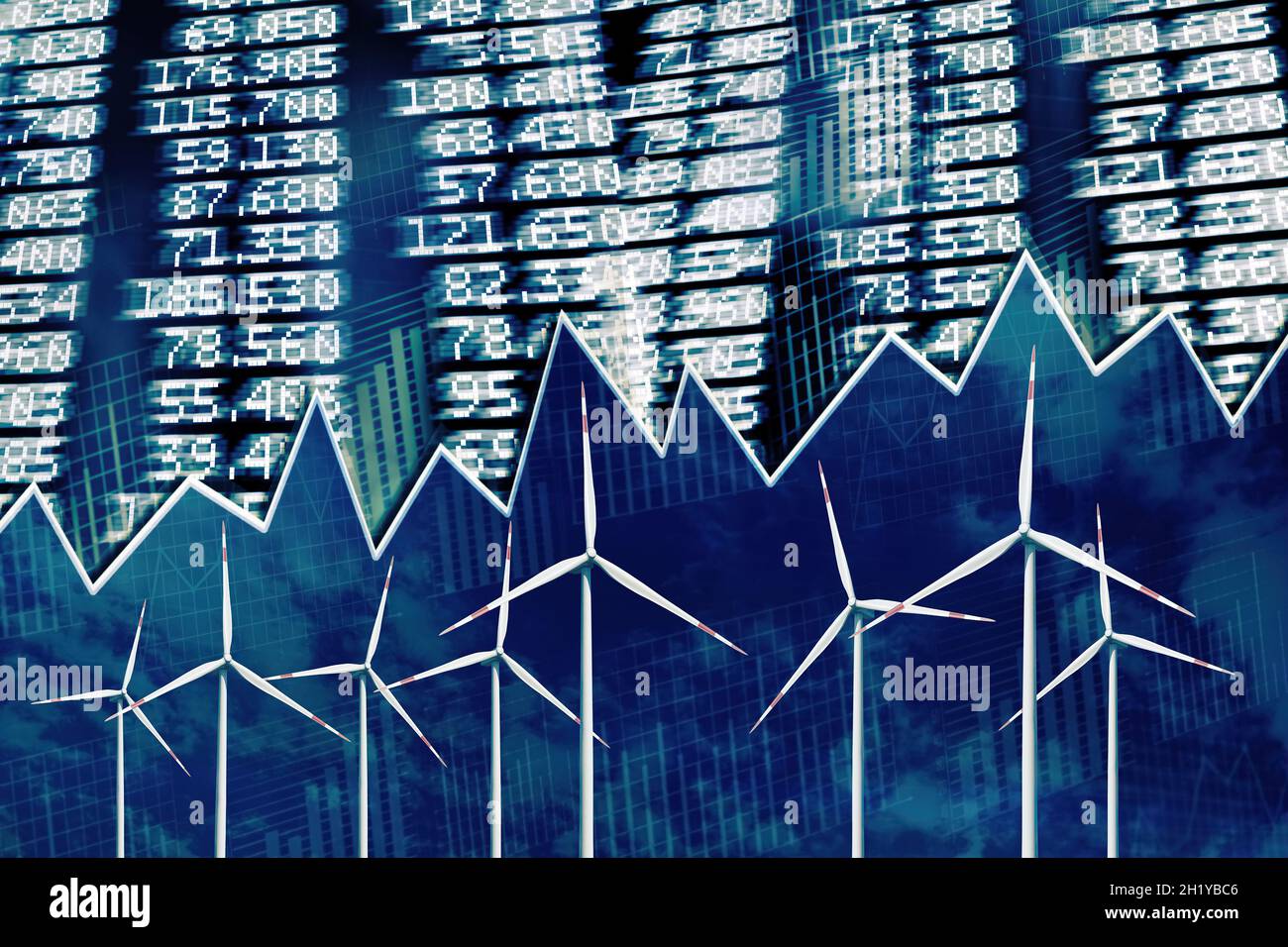 Windenergieanlagen mit Preistafel, Aktienkursen und Diagrammen Stockfoto