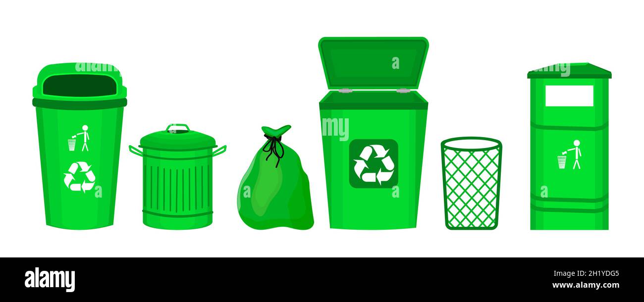 Satz von Mülltonnen isoliert auf weißem Hintergrund.verschiedene grüne Mülleimer.Abfallbehälter, Eimer, Beutel und Korb.Abfallbehälter.Stock Vektor-Abbildung Stock Vektor