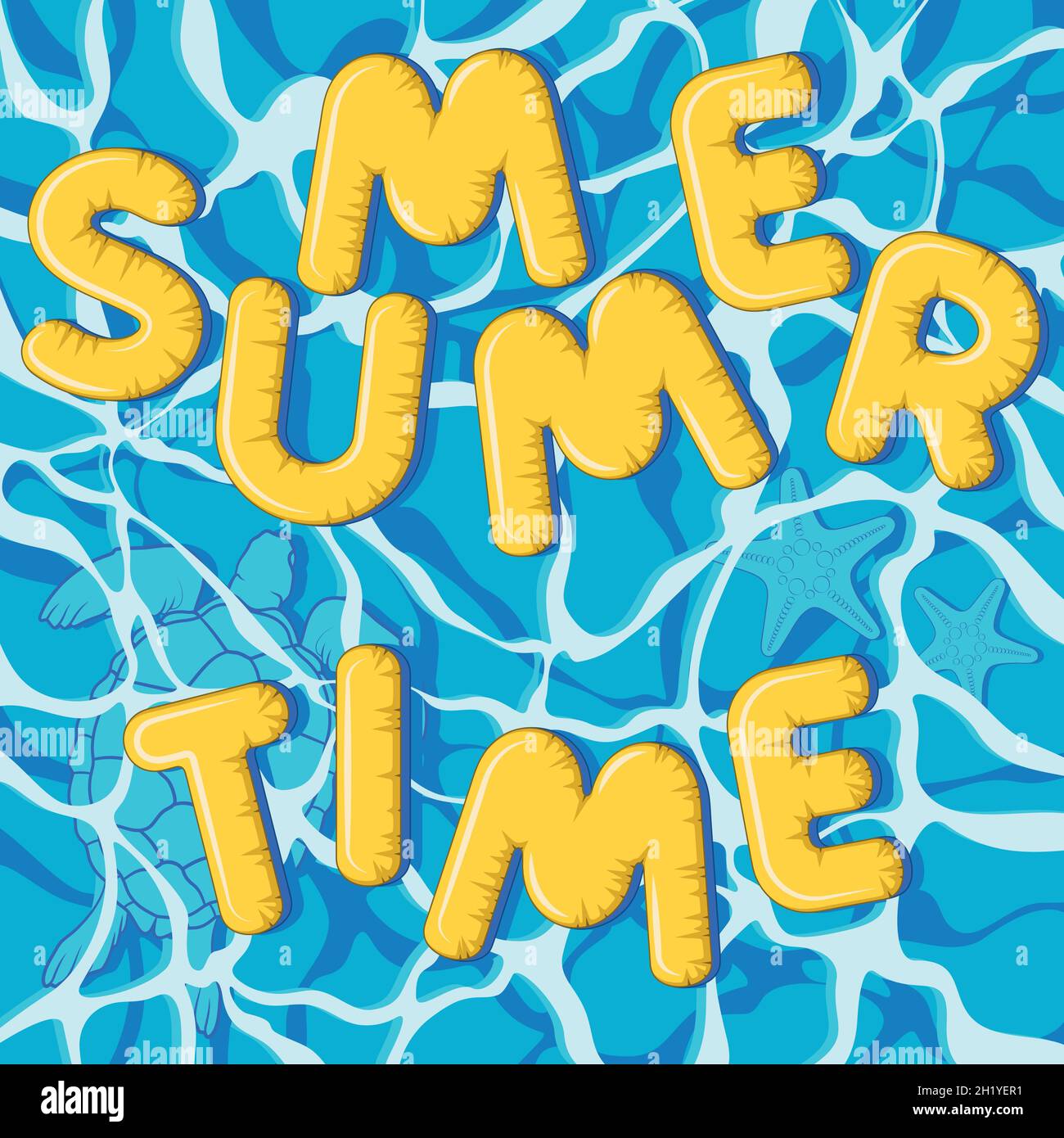 Sommerzeit, aufblasbare Buchstaben, Meeresschildkröte und Seesterne. Sommer Vektor Meer Hintergrund. Stock Vektor