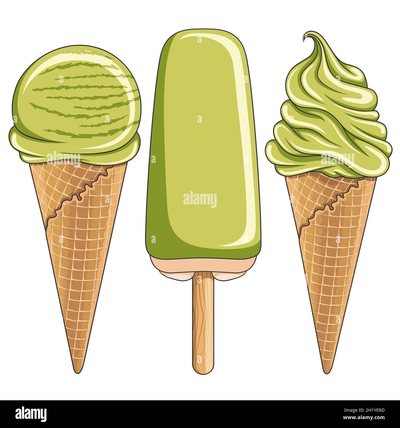 Set von farbigen Abbildungen mit leckerem Pistazien-Eis. Isolierte Vektorobjekte auf weißem Hintergrund. Stock Vektor