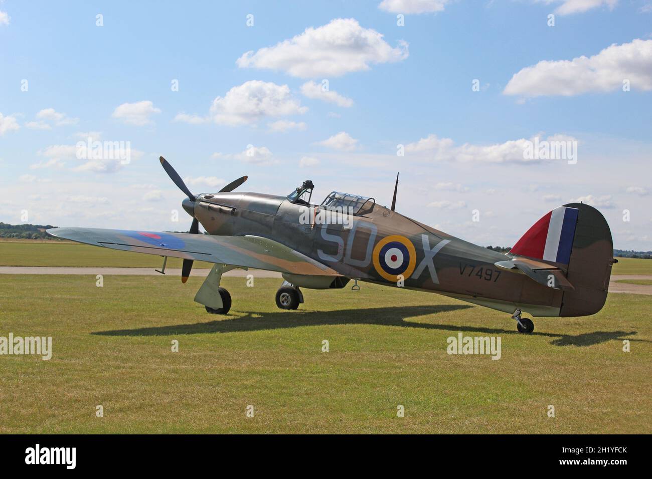 Restaurierter Hawker-Sturmflug V7497 auf dem Flugplatz Duxford, Cambridgeshire Stockfoto