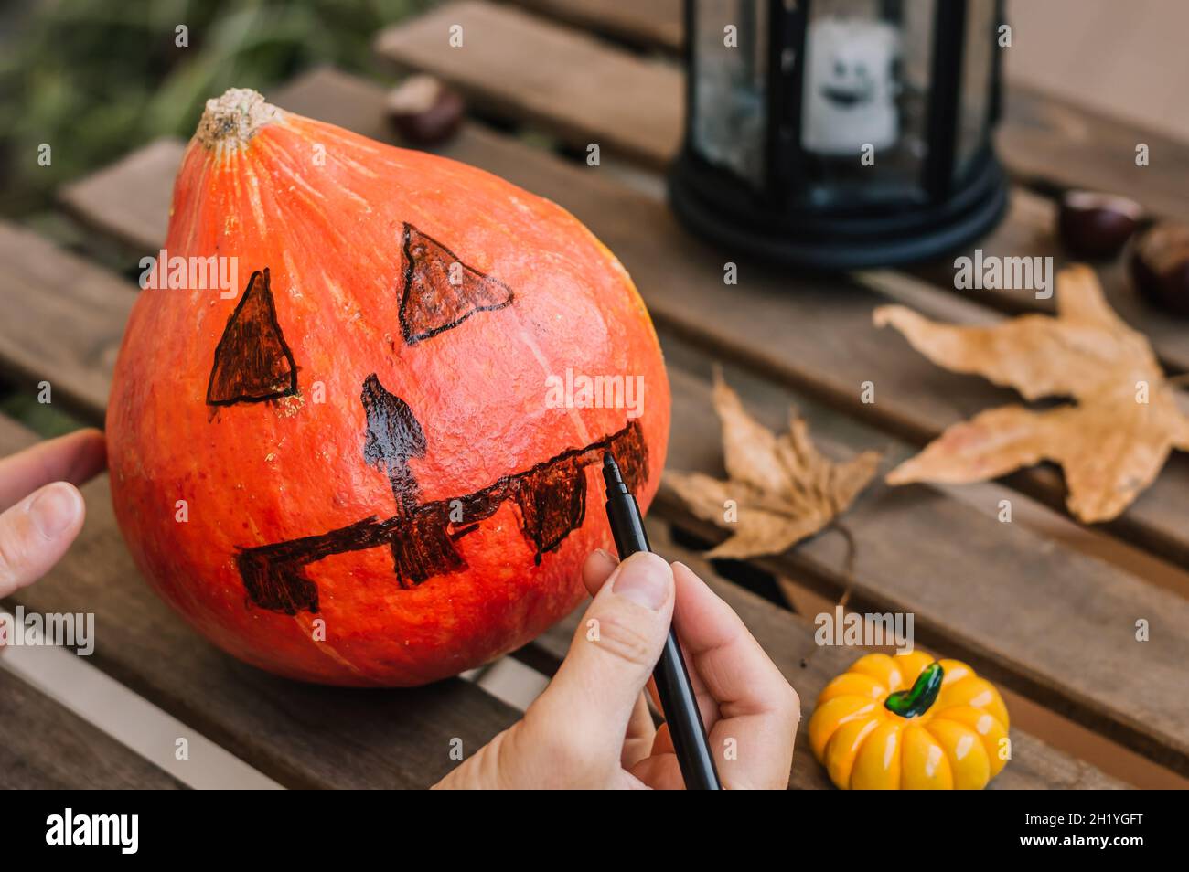 Die Hände des Kindes ziehen auf den Monster-Kürbis, Vorbereitung für Halloween. Stockfoto