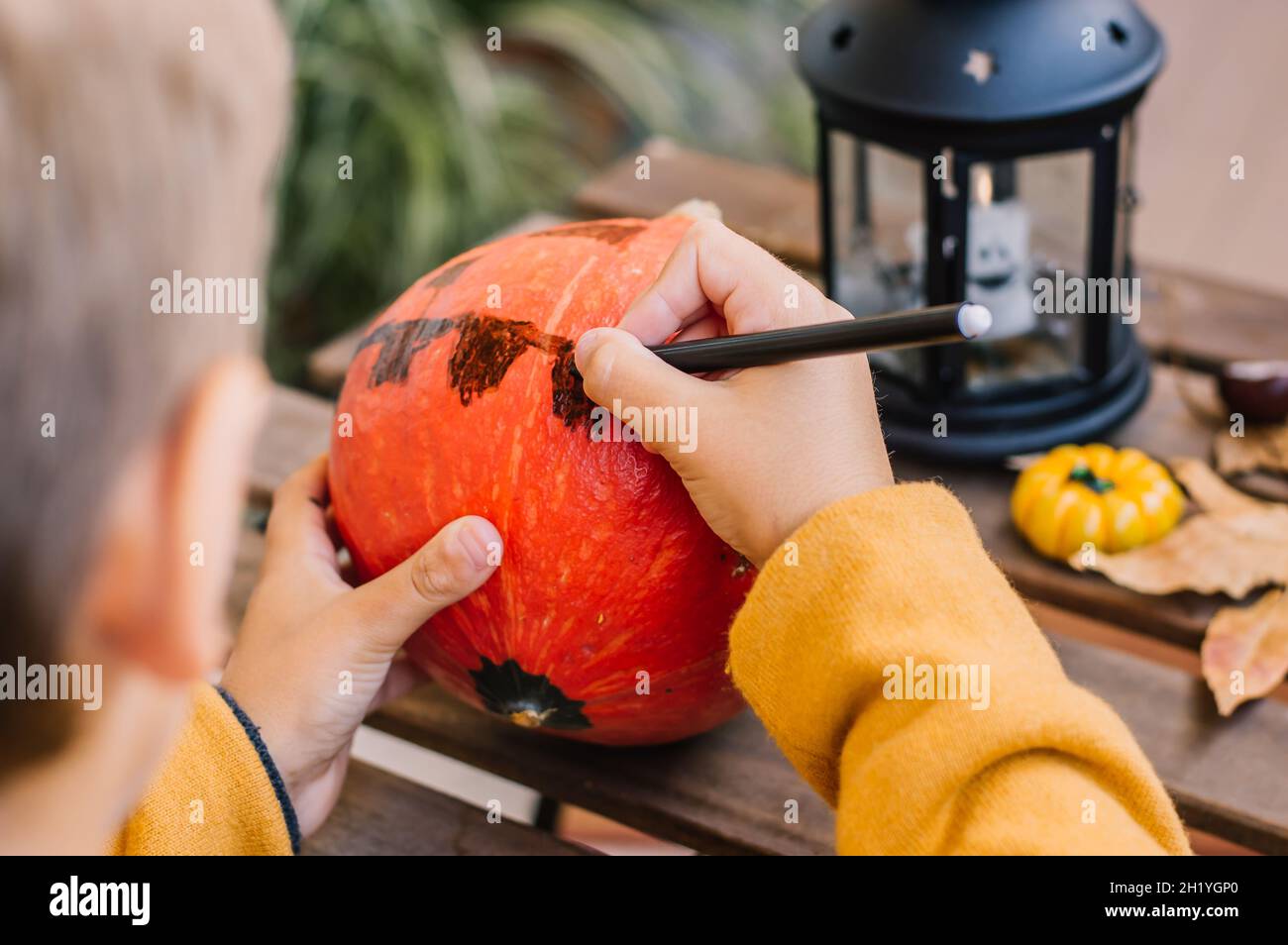 Die Hände des Kindes ziehen auf den Monster-Kürbis, Vorbereitung für Halloween. Stockfoto