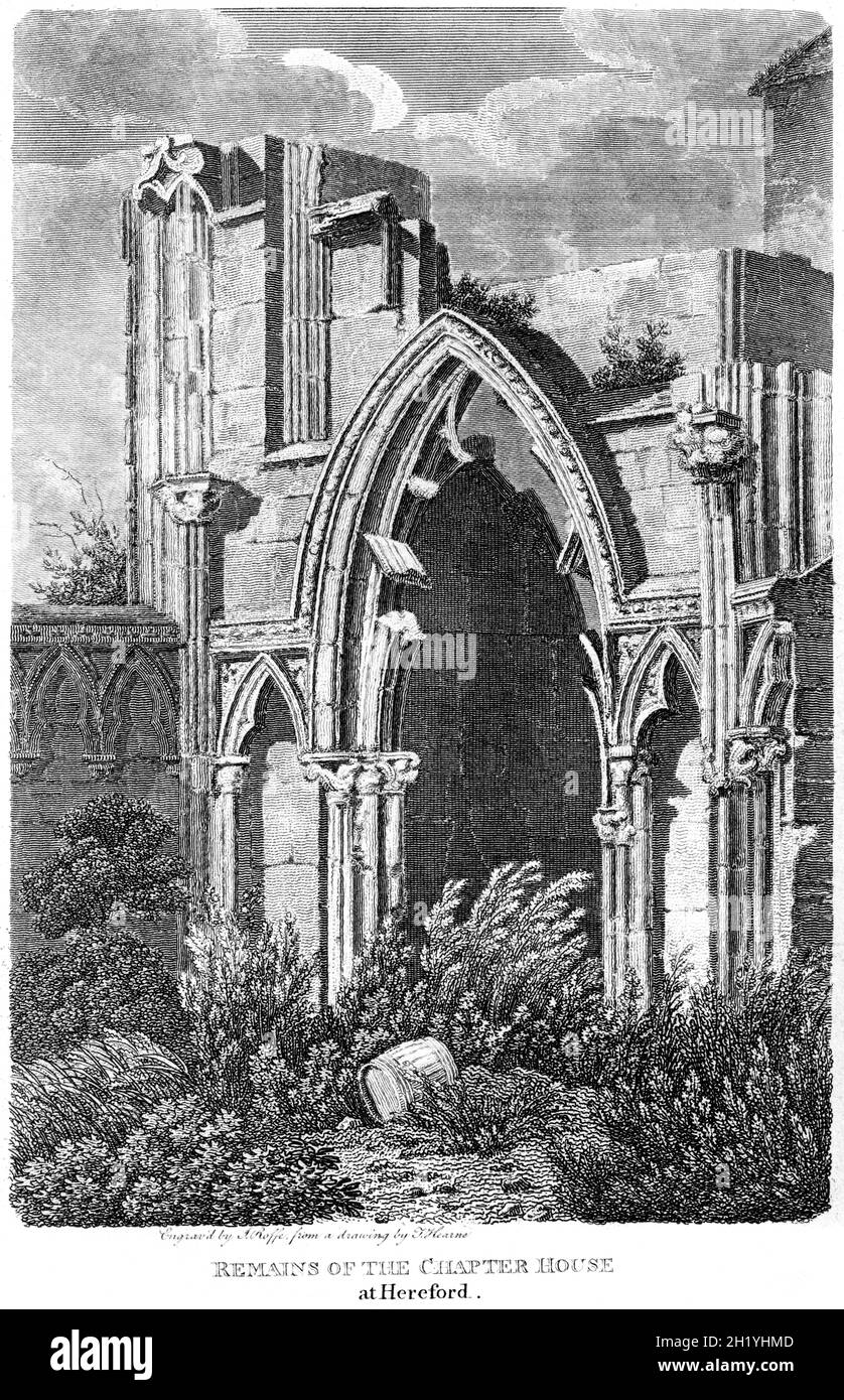 Eine Gravur der Überreste des Kapitelhauses in Hereford, die in hoher Auflösung von einem Buch gescannt wurde, das 1812 gedruckt wurde. Für urheberrechtlich frei gehalten. Stockfoto