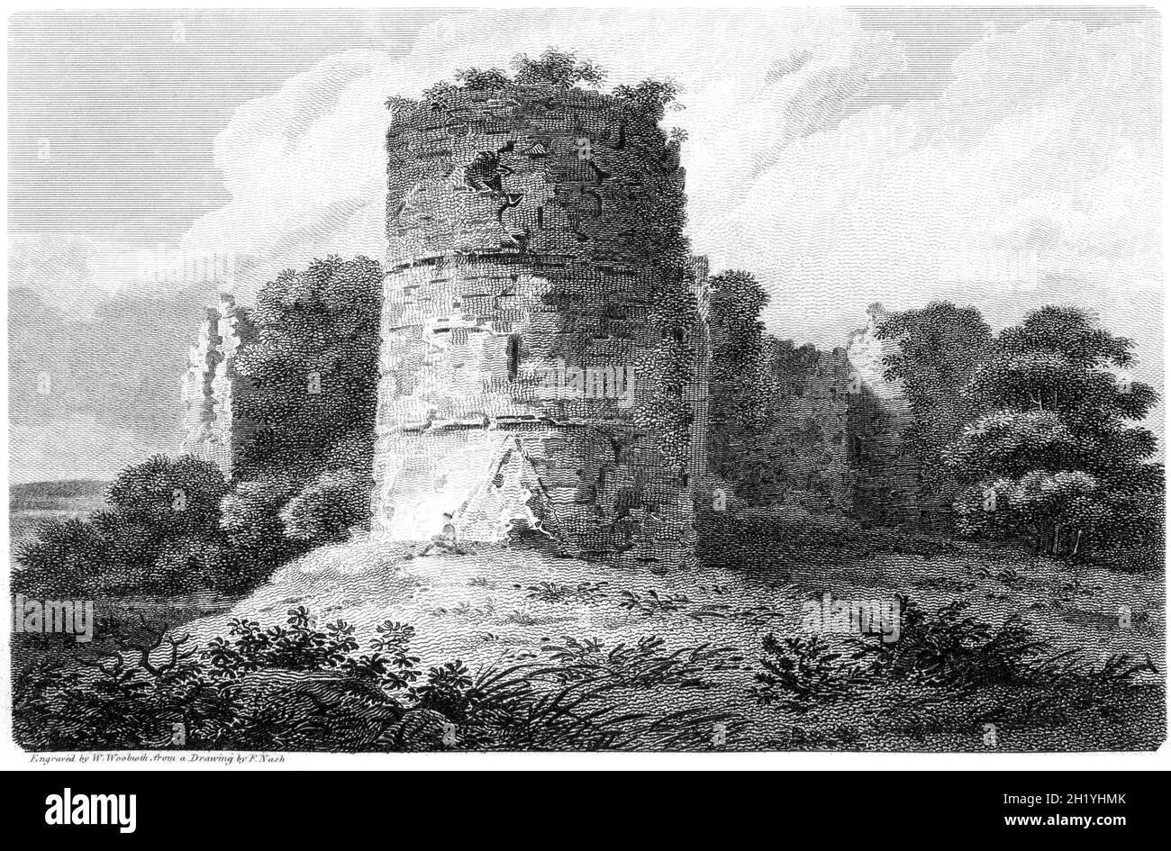 Ein Stich von Goodrich Castle, Herefordshire, gescannt in hoher Auflösung aus einem Buch, das 1812 gedruckt wurde. Für urheberrechtlich frei gehalten. Stockfoto