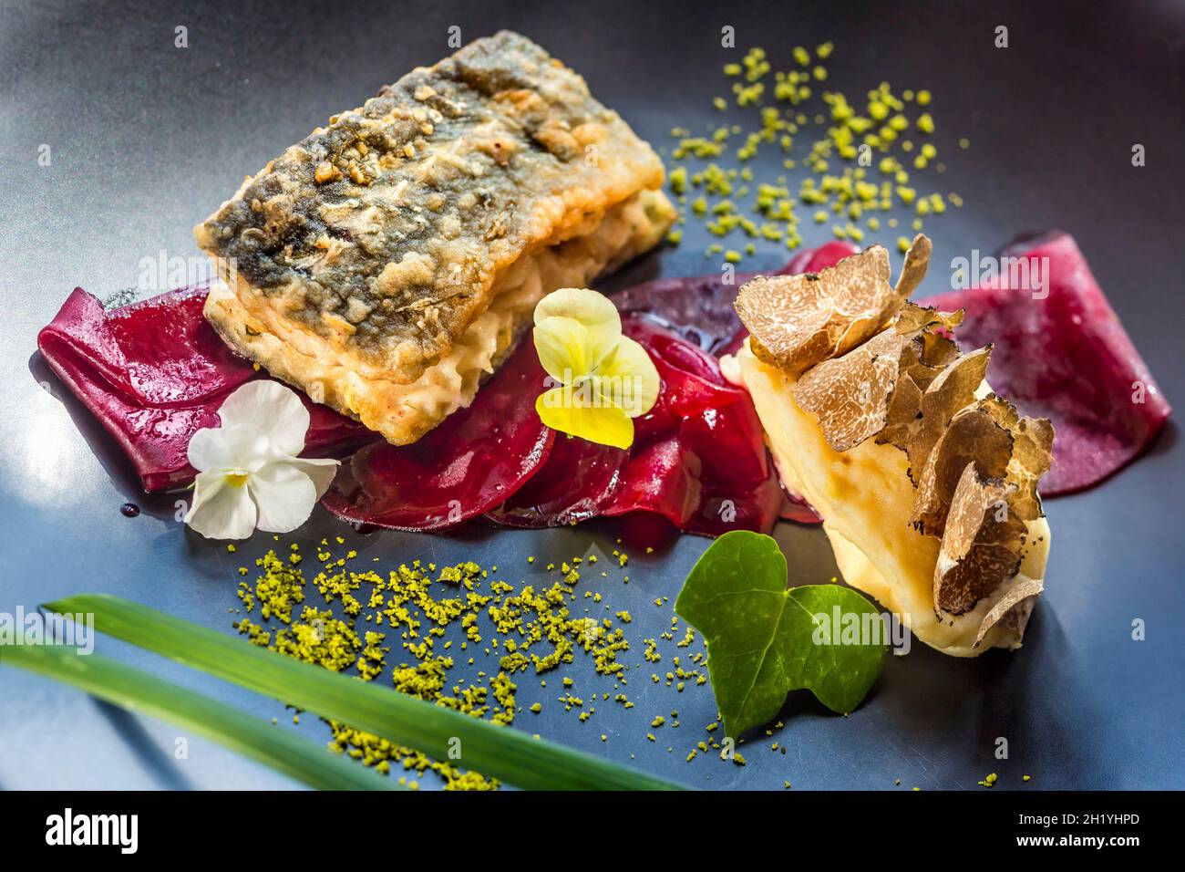 Stör mit Rote Beete Carpacio Stockfoto