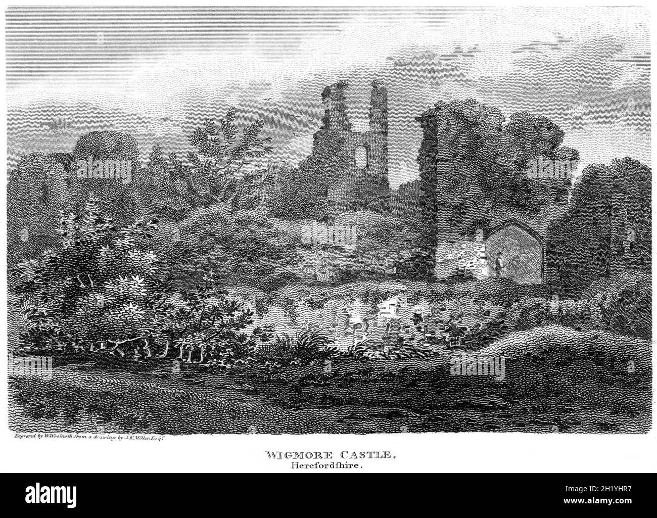 Ein Stich von Wigmore Castle, Herefordshire, gescannt in hoher Auflösung aus einem Buch, das 1812 gedruckt wurde. Dieses Bild wird angenommen, dass es frei von allen Histori ist Stockfoto
