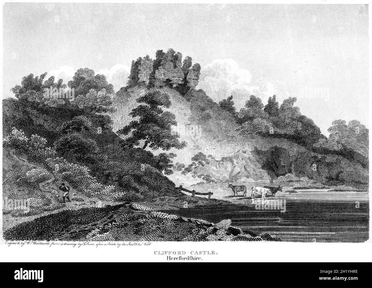 Ein Stich von Clifford Castle, Herefordshire, gescannt in hoher Auflösung aus einem Buch, das 1812 gedruckt wurde. Für urheberrechtlich frei gehalten. Stockfoto