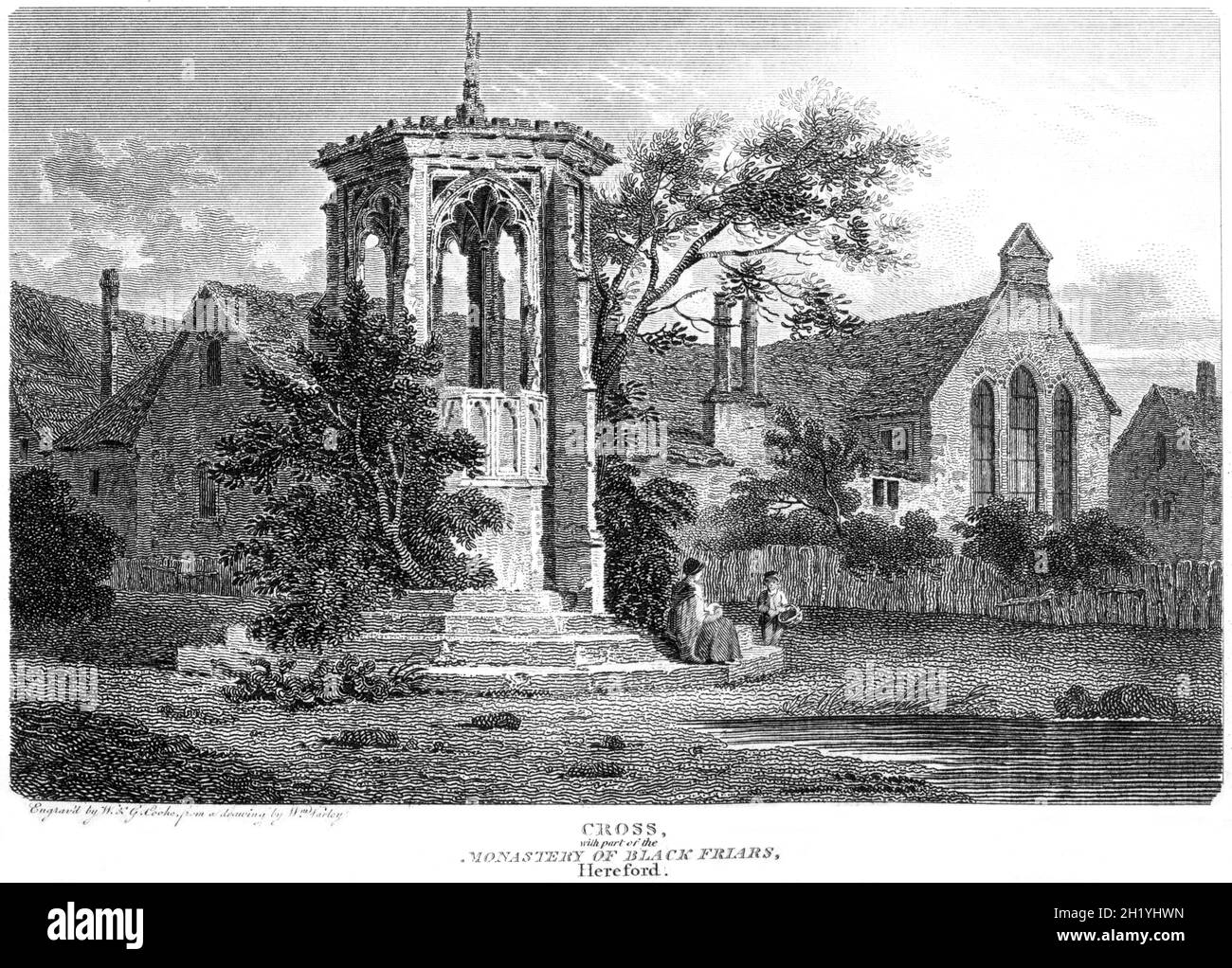 Ein Stich des Kreuzes mit einem Teil des Klosters der Schwarzen Brüder, Hereford gescannt in hoher Auflösung aus einem Buch gedruckt im Jahr 1812. Stockfoto