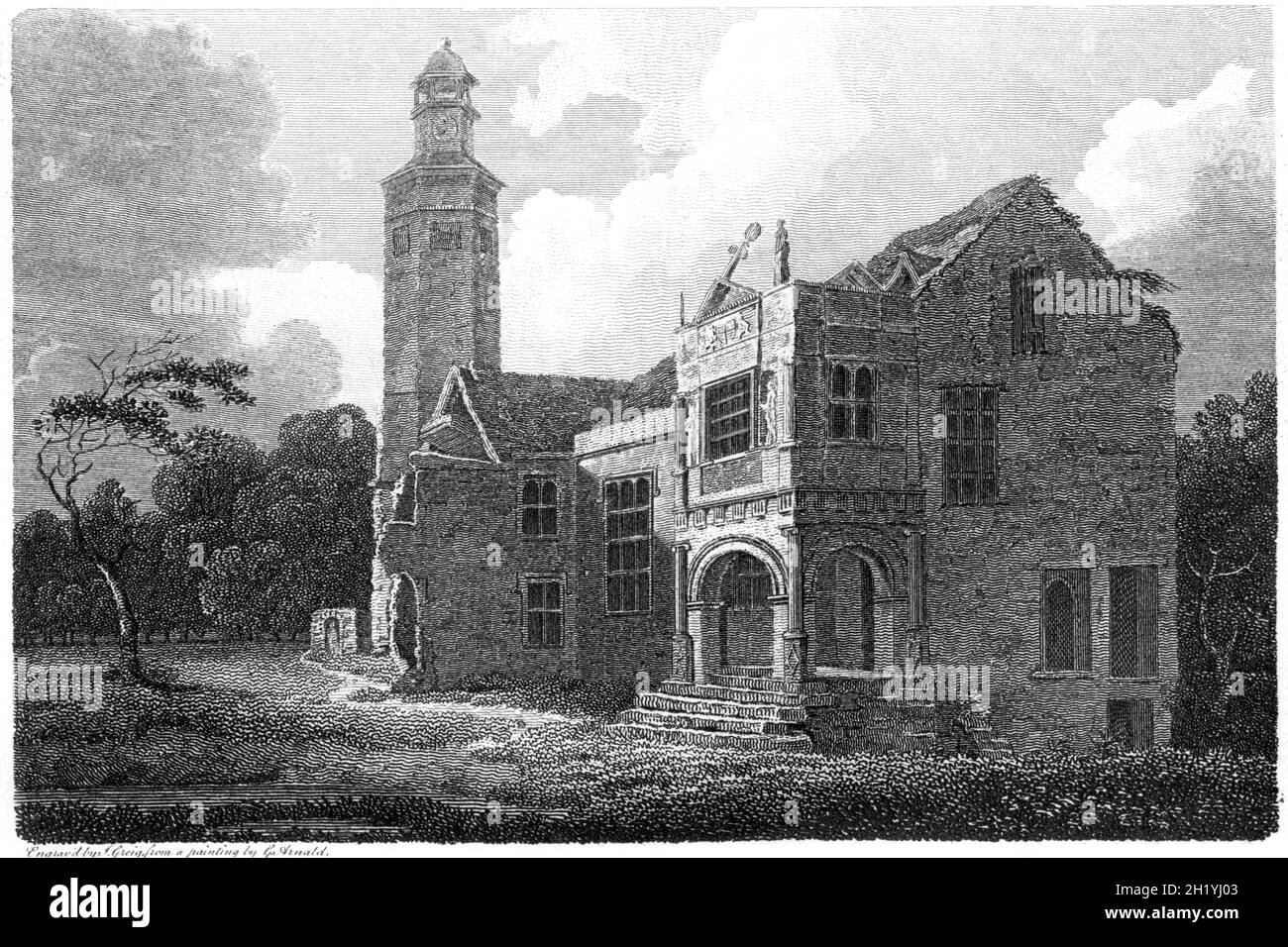 Ein Stich der Überreste des Gorhambury House, Hertfordshire, gescannt in hoher Auflösung aus einem Buch, das 1812 gedruckt wurde. Für urheberrechtlich frei gehalten. Stockfoto