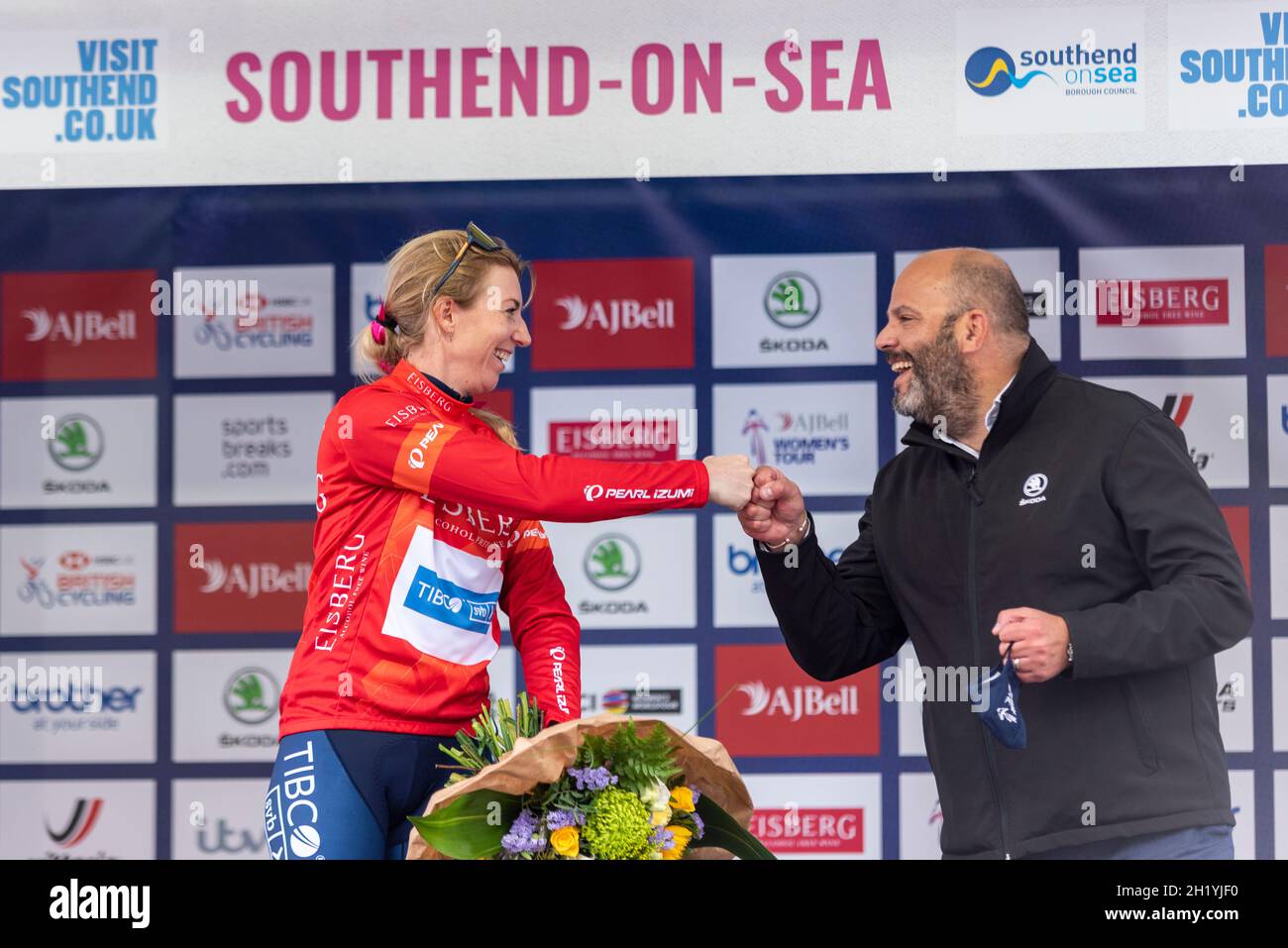 Nina Kessler vom Team TIBCO beim Radrennen der AJ Bell Women's Tour, Etappe vier, Southend on Sea, Essex, Großbritannien, Sieger des Sprints Trikots Stockfoto