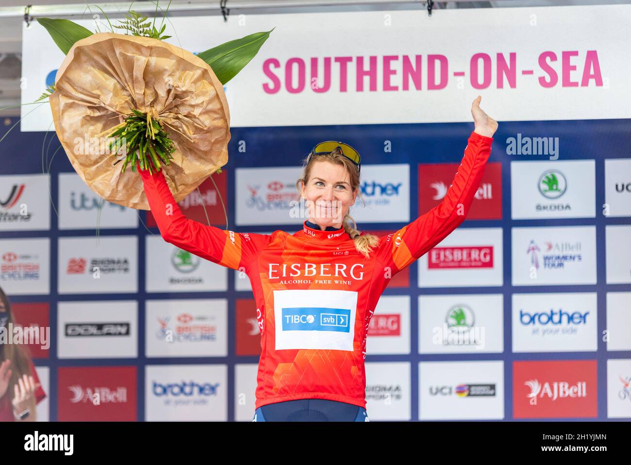 Nina Kessler vom Team TIBCO beim Radrennen der AJ Bell Women's Tour, Etappe vier, Southend on Sea, Essex, Großbritannien, Sieger des Sprints Trikots Stockfoto