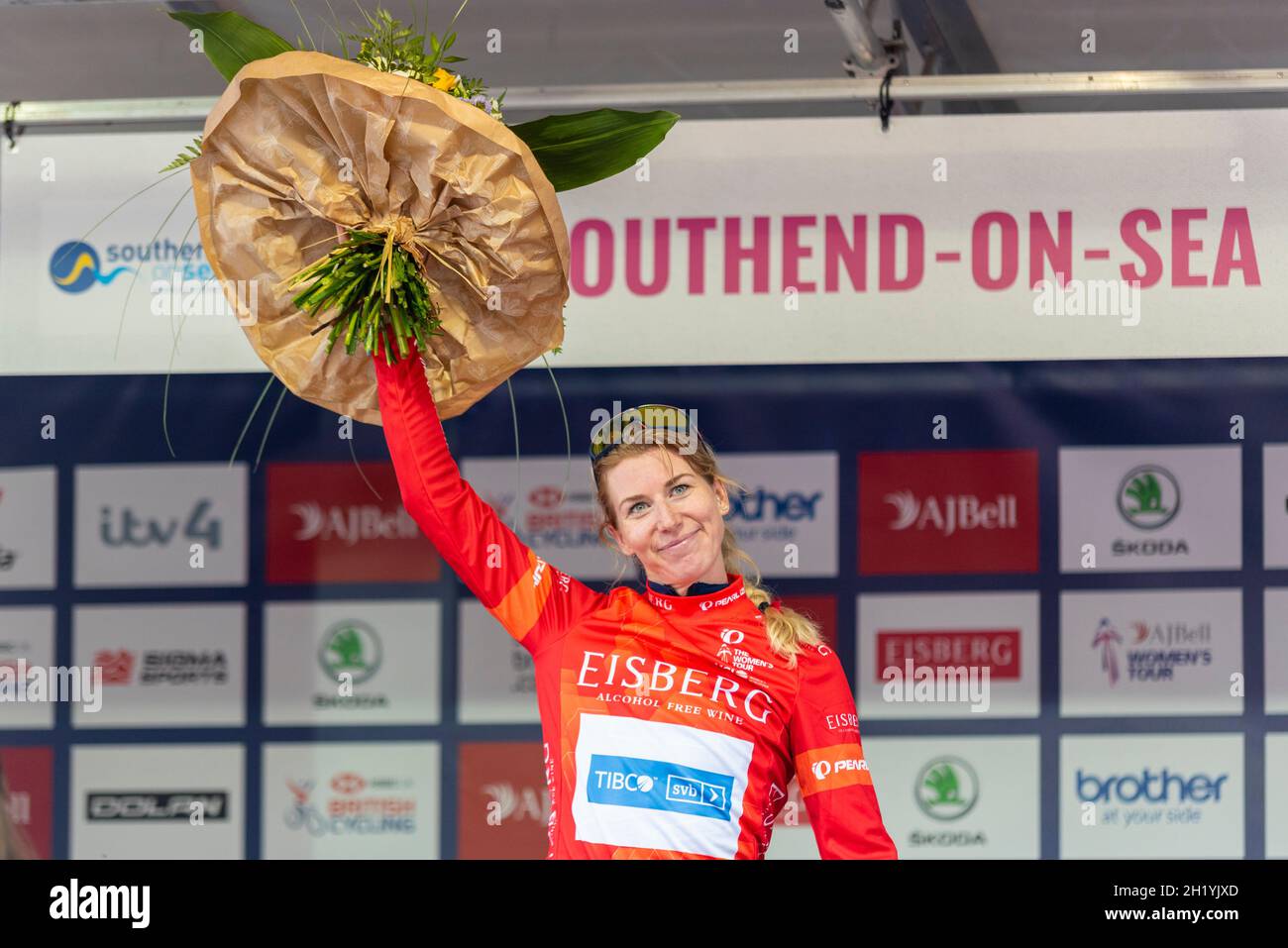 Nina Kessler vom Team TIBCO beim Radrennen der AJ Bell Women's Tour, Etappe vier, Southend on Sea, Essex, Großbritannien, Sieger des Sprints Trikots Stockfoto