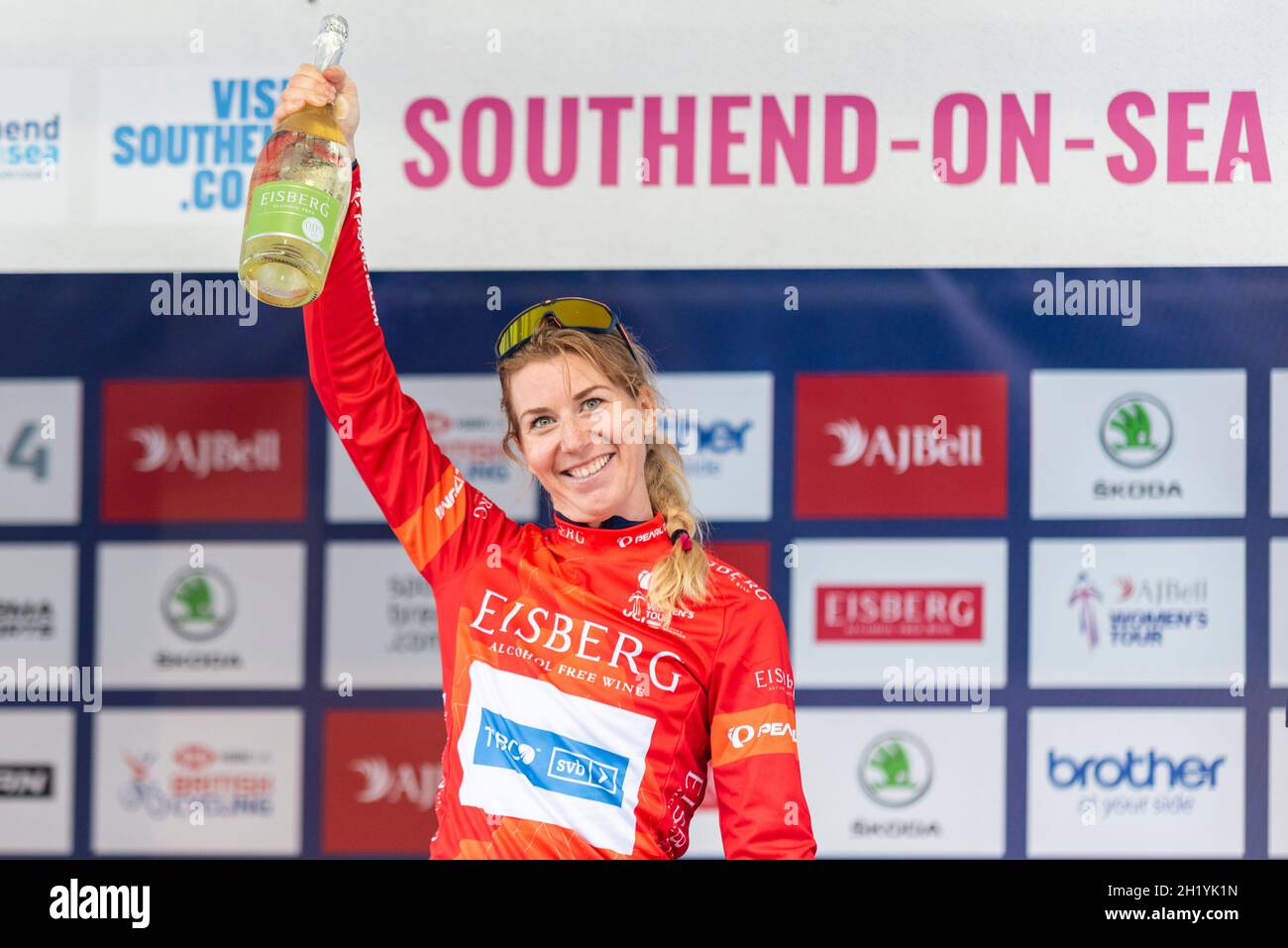 Nina Kessler vom Team TIBCO beim Radrennen der AJ Bell Women's Tour, Etappe vier, Southend on Sea, Essex, Großbritannien, Sieger des Sprints Trikots Stockfoto