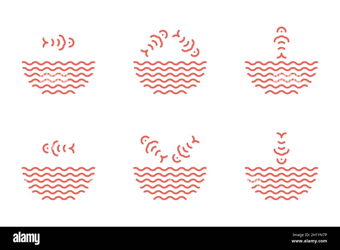 Poke Bowl-Logos im linearen Stil. Fische springen von den Wasserwellen. Fisch Ramen Nudeln Suppenschüssel Symbole Stock Vektor