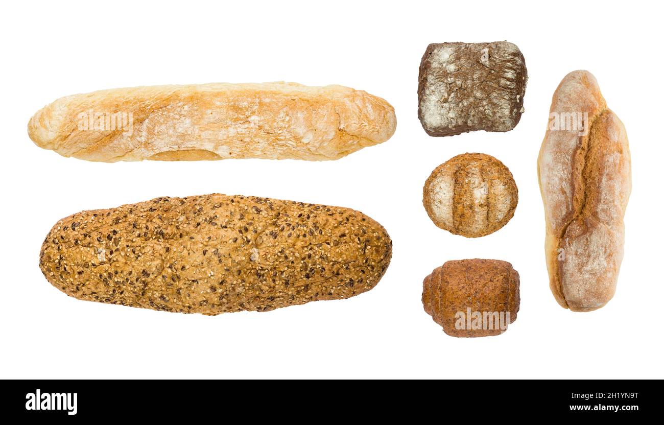 Set aus verschiedenen frischen Brot isoliert auf weißem Hintergrund, Draufsicht Stockfoto