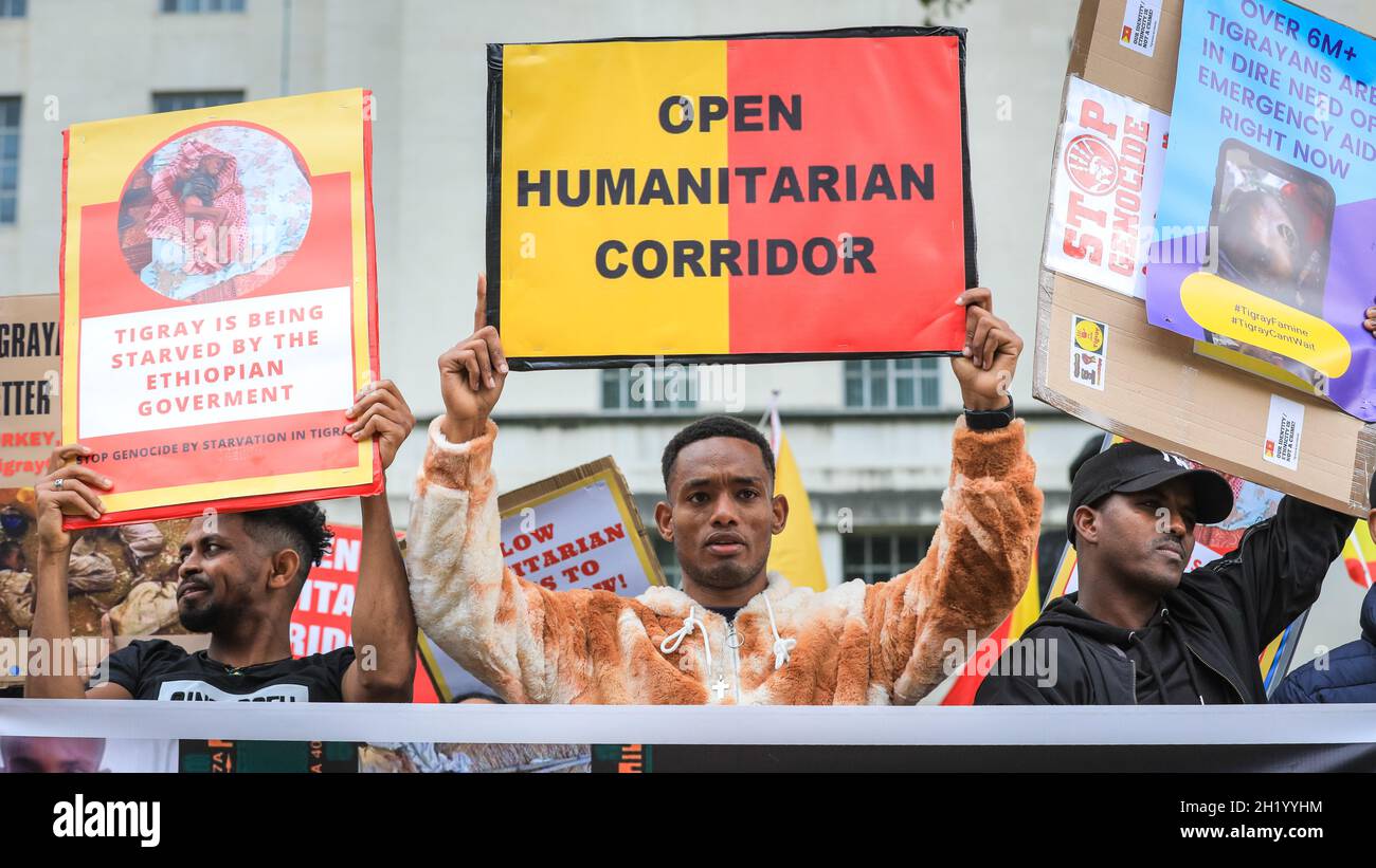 Westminster, London, Großbritannien. Oktober 2021. Demonstranten in Whithall demonstrieren über die Bedingungen in Teilen von Tigray, Äthiopien, einschließlich Hungersnot, zivile Tötungen und Vertreibung von Flüchtlingen. Kredit: Imageplotter/Alamy Live Nachrichten Stockfoto