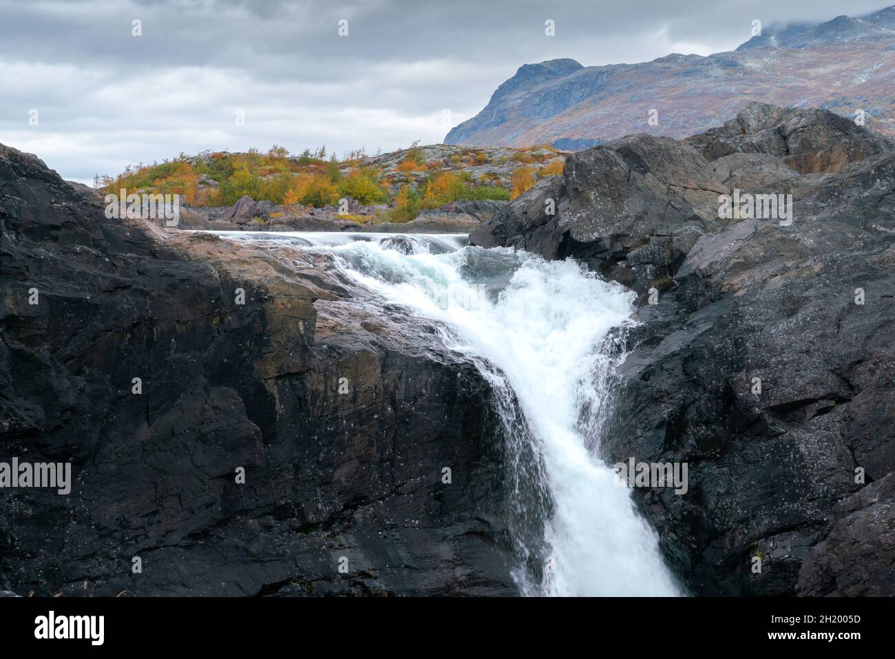 Nahaufnahme des mächtigen Stuor Muorkkegarttje Wasserfalls am Fluss Lulealven an einem bewölkten Tag des arktischen Herbstes. Stora Sjofallet National Stockfoto