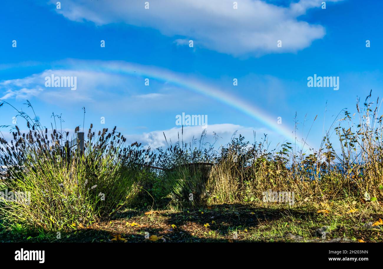 Ein Regenbogen in Port Angeles, Washington. Blauer Himmel. Stockfoto