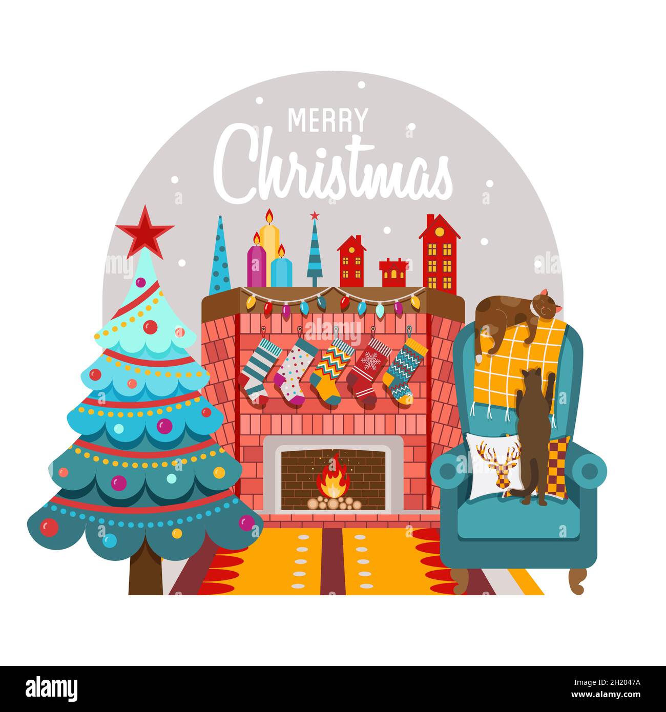 Gemütliche Weihnachten mit Kamin und Katzen Postkarte Stock Vektor