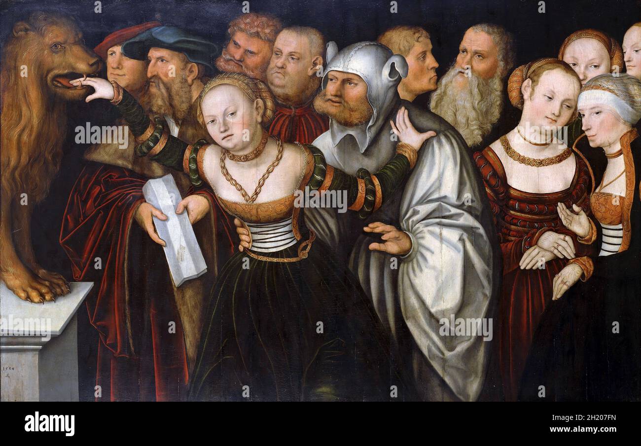 Die Fabel des Mundes der Wahrheit von Lucas Cranach dem Älteren (1472-1553), Öl auf Buchenholz, 1534. Das Gemälde zeigt das häufig verwendete spätmittelalterliche Thema der 'Wiles of Women'. Eine mit Untreue geladene Frau legt ihre Hand in die Rachen des Löwen. Sie gesteht nur, ihrem Mann und dem Narren hinter ihr in den Armen gelegen zu haben. Weil sie die Wahrheit spricht, beißt der Löwe ihr nicht aus der Hand. Der Narr ist in der Tat ihr verkleideter Liebhaber, aber er wird von keinem der Zeugen ernst genommen. Stockfoto