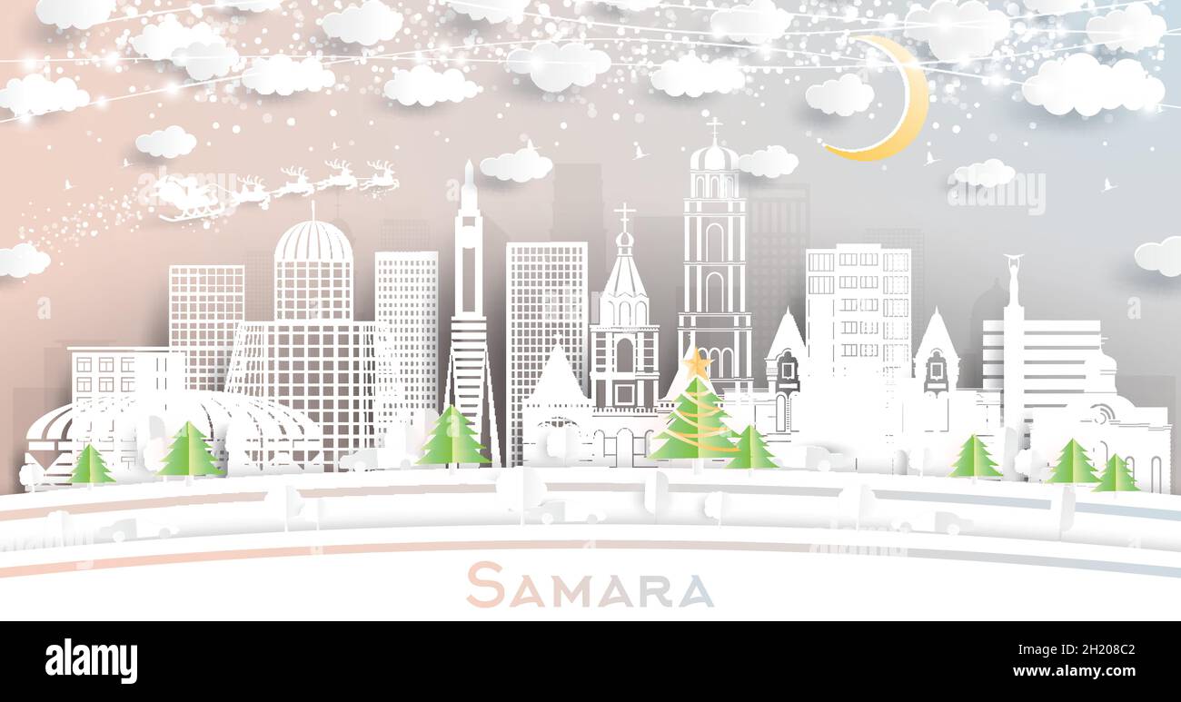 Samara Russia City Skyline in Paper Cut Style mit Schneeflocken, Mond und Neon Girlande. Vektorgrafik. Weihnachts- und Neujahrskonzept. Weihnachtsmann Stock Vektor