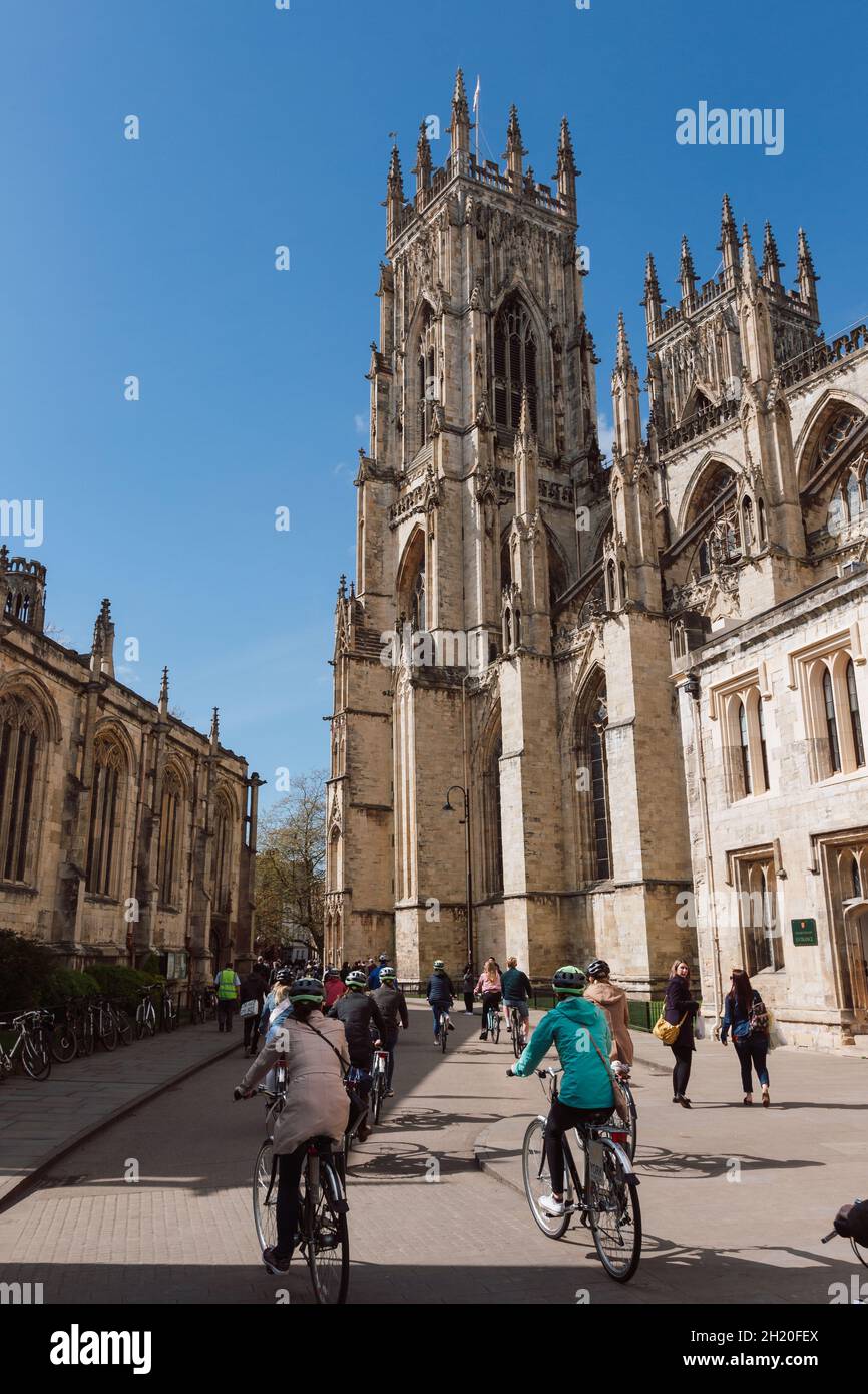 Radfahrer vor der York Minster Cathedral, England Stockfoto