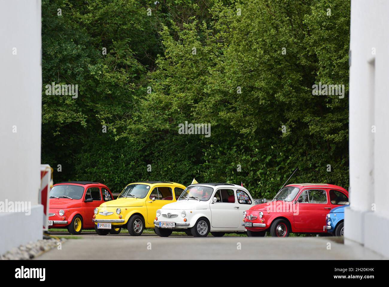 Jedes Jahr Anfang Juli treffen sich Liebhaber von Puch 500, Fiat 500 und Steyr-Fiat 500 in Vorchdorf (Oberösterreich) , um ihre alten Autos zu präsent Stockfoto