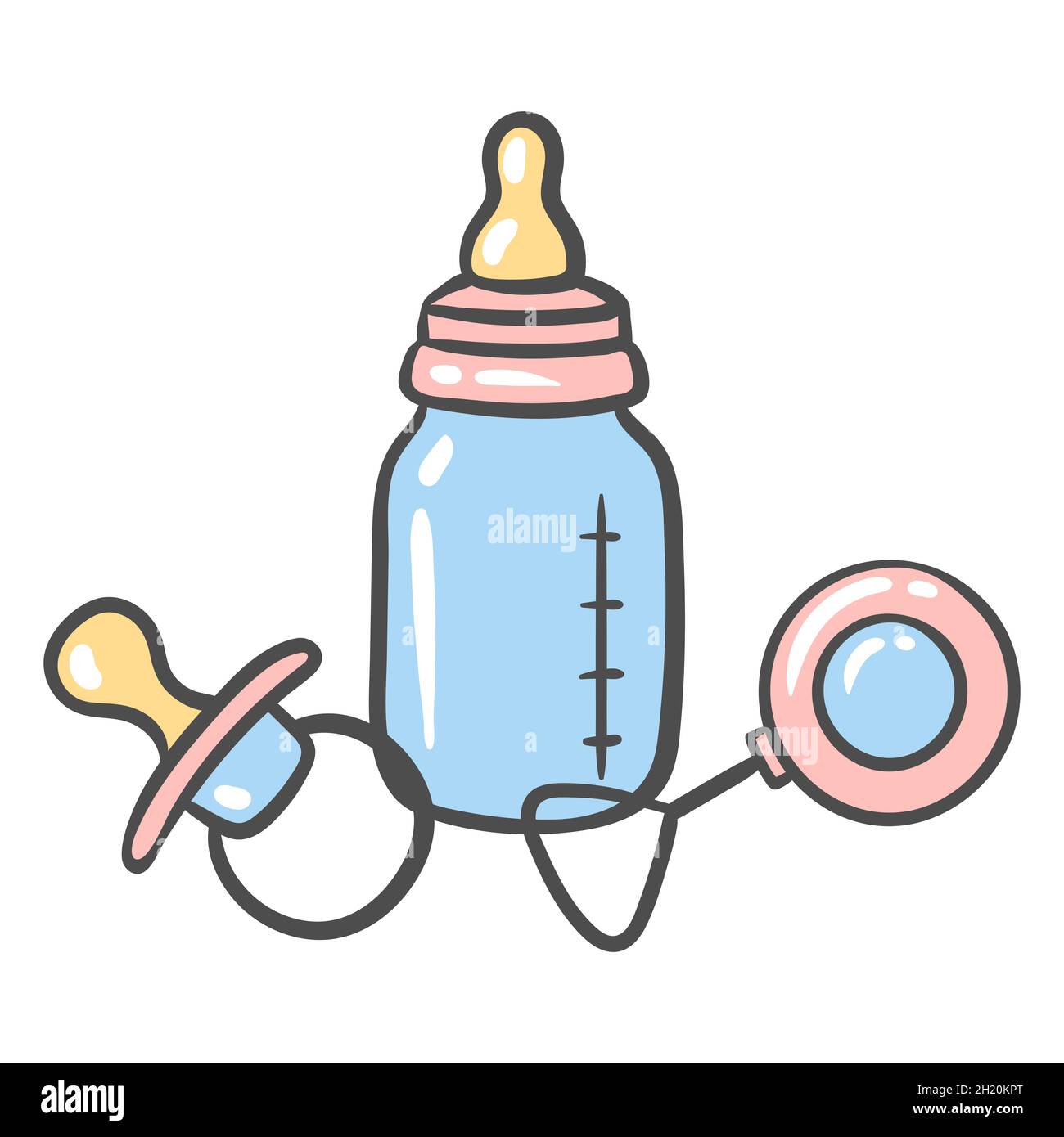 Abbildung von Flasche, Schnuller und Rassel. Artikel für Neugeborene. Alles gute zum Geburtstag. Babydusche im Urlaub. Stock Vektor