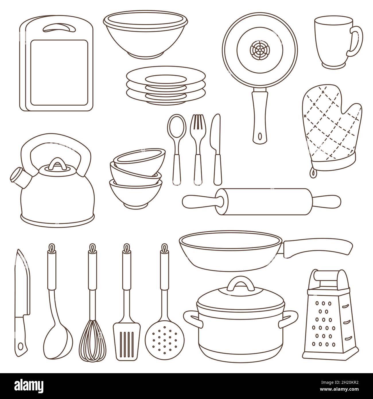 Set von Küchenutensilien. Kochgeräte für Haus und Restaurant. Stock Vektor