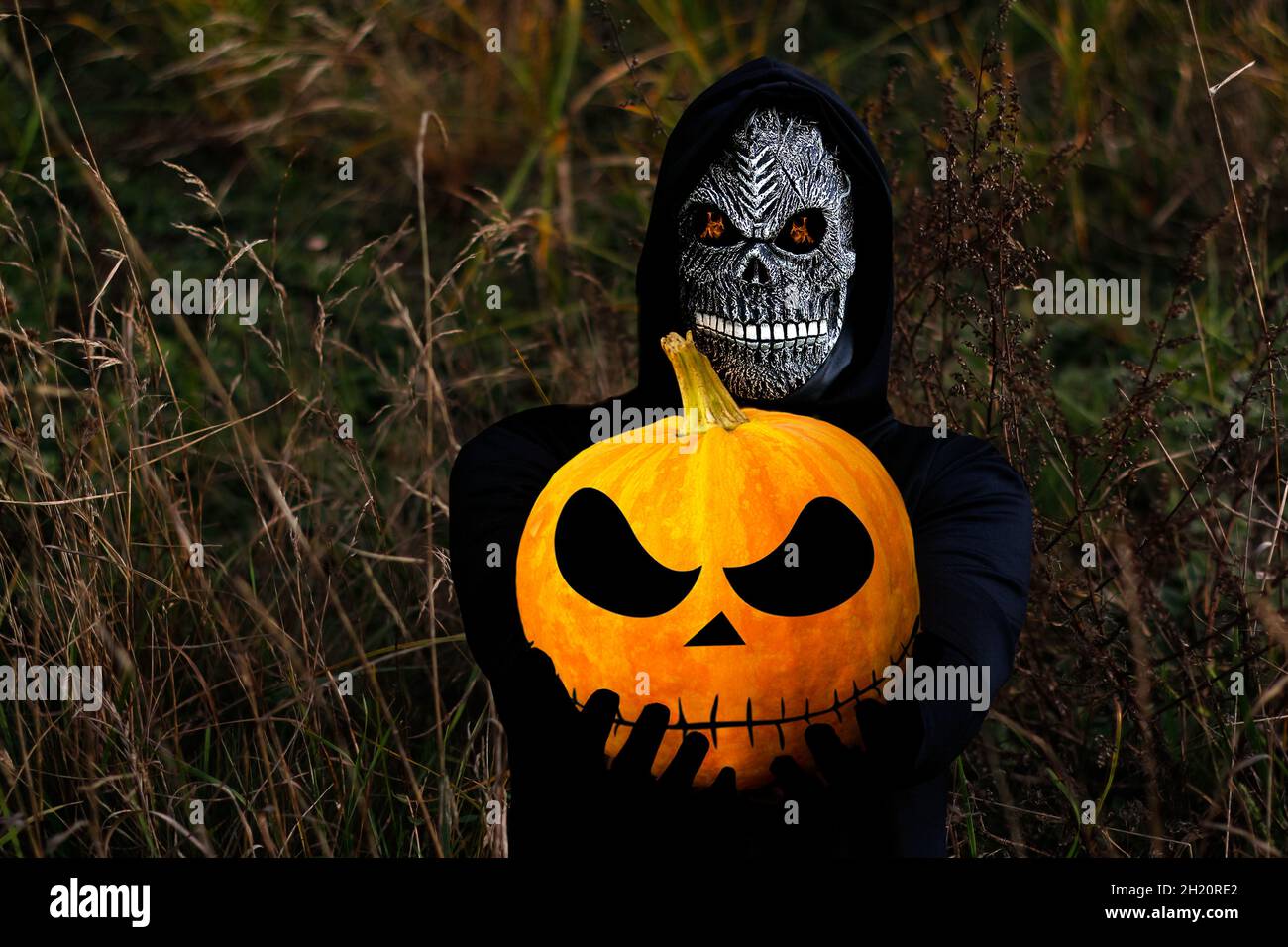 Nahaufnahme des grimmigen Reaper. Mann in Totenmaske mit Feuerflamme in den Augen auf dunklem Natur trockenem Gras Hintergrund. Faschingskostüm, gruselige Zähne Stockfoto