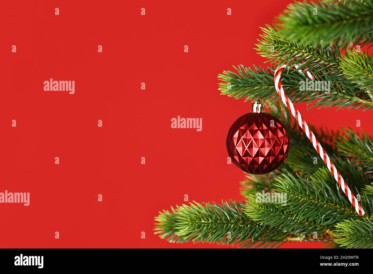Dekorierter Weihnachtsbaum mit roter Baumkugel und Zuckerrohr auf der Seite des roten Hintergrunds mit Kopierraum Stockfoto